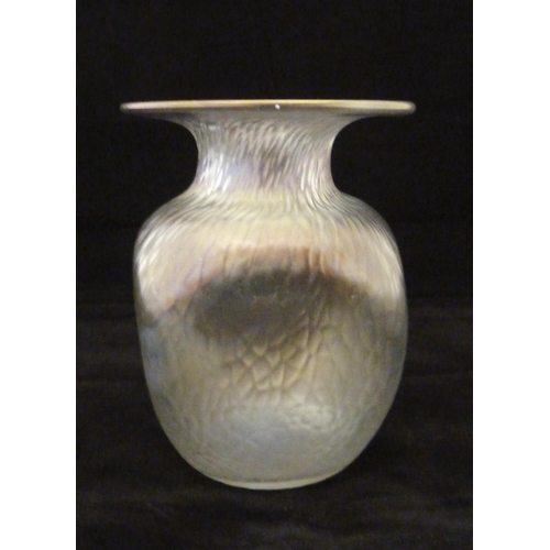 336 - Loetz-style iridescent glass vase of dimpled form, 20th century, with flaring neck, unmarked, 14cm h... 