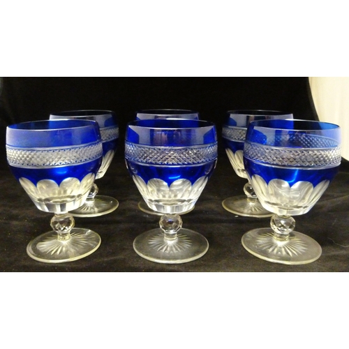 337 - Set of six St Louis Trianon cobalt blue and clear cut crystal wine glasses, 20th century, with dimpl... 