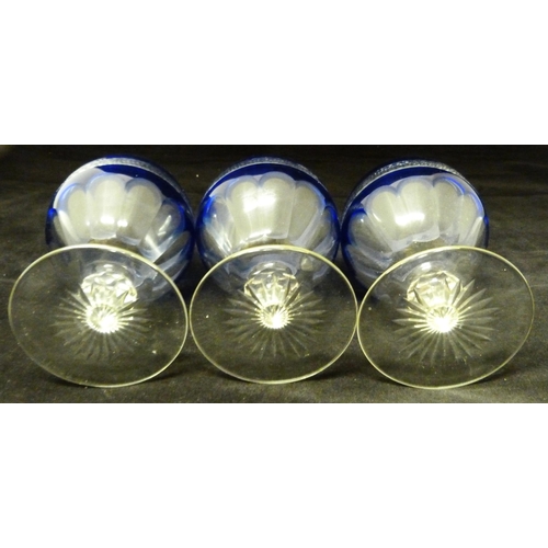 337 - Set of six St Louis Trianon cobalt blue and clear cut crystal wine glasses, 20th century, with dimpl... 