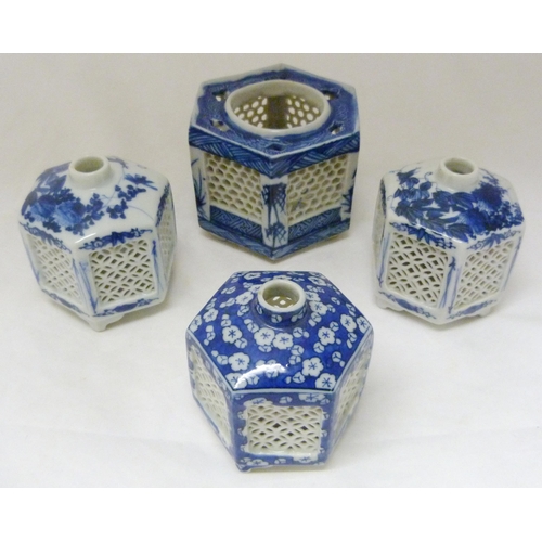 368 - Pair of Japanese Arita/Hirado porcelain blue and white candle lanterns/tealight holders of hexagonal... 