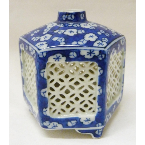 368 - Pair of Japanese Arita/Hirado porcelain blue and white candle lanterns/tealight holders of hexagonal... 