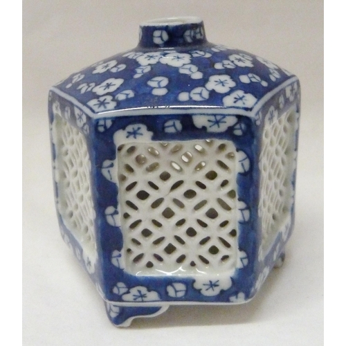 368 - Pair of Japanese Arita/Hirado porcelain blue and white candle lanterns/tealight holders of hexagonal... 