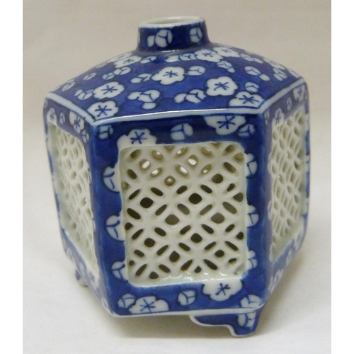 368 - Pair of Japanese Arita/Hirado porcelain blue and white candle lanterns/tealight holders of hexagonal... 