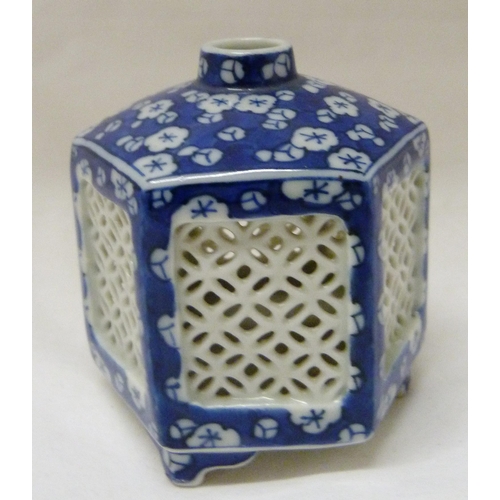 368 - Pair of Japanese Arita/Hirado porcelain blue and white candle lanterns/tealight holders of hexagonal... 