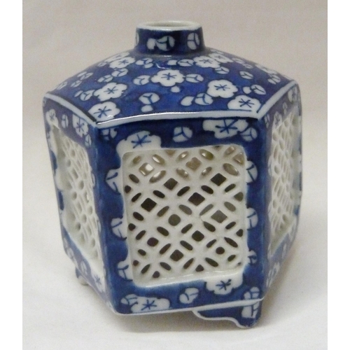 368 - Pair of Japanese Arita/Hirado porcelain blue and white candle lanterns/tealight holders of hexagonal... 