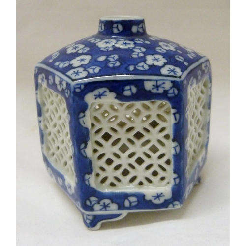 368 - Pair of Japanese Arita/Hirado porcelain blue and white candle lanterns/tealight holders of hexagonal... 