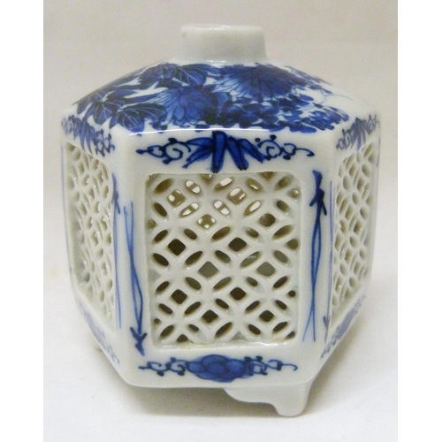 368 - Pair of Japanese Arita/Hirado porcelain blue and white candle lanterns/tealight holders of hexagonal... 