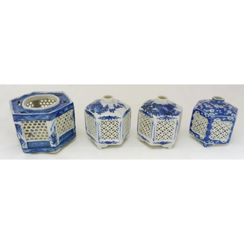 368 - Pair of Japanese Arita/Hirado porcelain blue and white candle lanterns/tealight holders of hexagonal... 