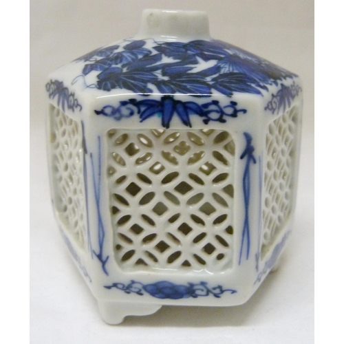 368 - Pair of Japanese Arita/Hirado porcelain blue and white candle lanterns/tealight holders of hexagonal... 