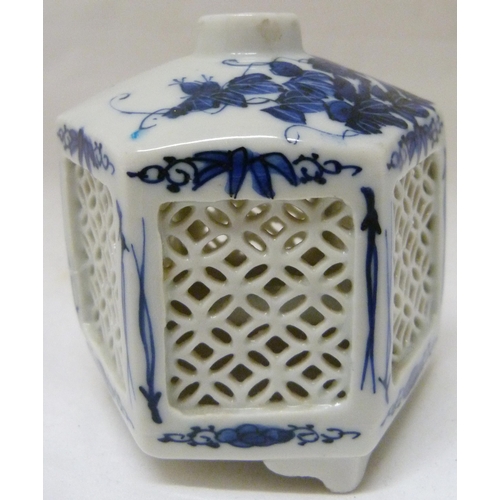 368 - Pair of Japanese Arita/Hirado porcelain blue and white candle lanterns/tealight holders of hexagonal... 