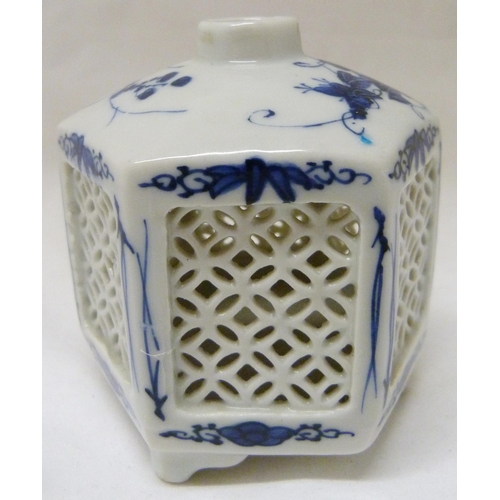 368 - Pair of Japanese Arita/Hirado porcelain blue and white candle lanterns/tealight holders of hexagonal... 