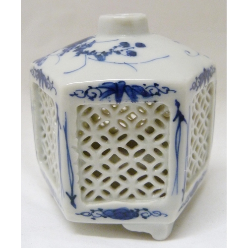 368 - Pair of Japanese Arita/Hirado porcelain blue and white candle lanterns/tealight holders of hexagonal... 