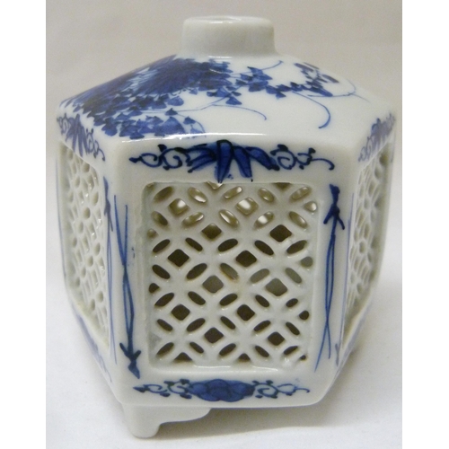 368 - Pair of Japanese Arita/Hirado porcelain blue and white candle lanterns/tealight holders of hexagonal... 