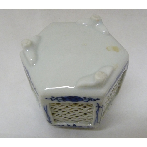 368 - Pair of Japanese Arita/Hirado porcelain blue and white candle lanterns/tealight holders of hexagonal... 