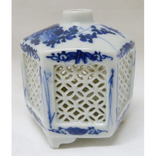 368 - Pair of Japanese Arita/Hirado porcelain blue and white candle lanterns/tealight holders of hexagonal... 