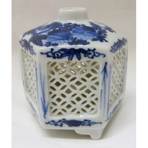 368 - Pair of Japanese Arita/Hirado porcelain blue and white candle lanterns/tealight holders of hexagonal... 