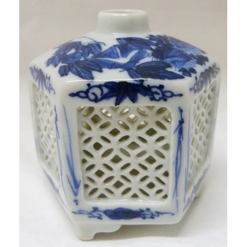 368 - Pair of Japanese Arita/Hirado porcelain blue and white candle lanterns/tealight holders of hexagonal... 