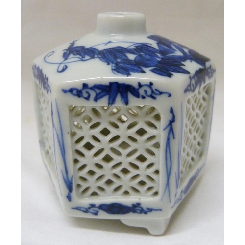 368 - Pair of Japanese Arita/Hirado porcelain blue and white candle lanterns/tealight holders of hexagonal... 