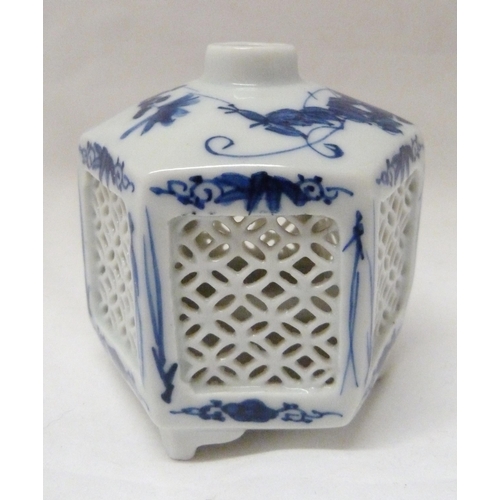 368 - Pair of Japanese Arita/Hirado porcelain blue and white candle lanterns/tealight holders of hexagonal... 