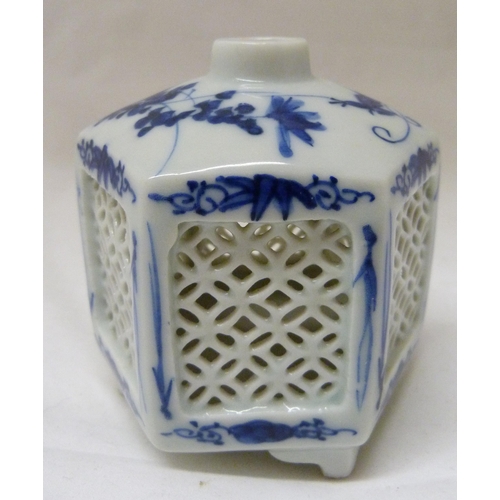 368 - Pair of Japanese Arita/Hirado porcelain blue and white candle lanterns/tealight holders of hexagonal... 