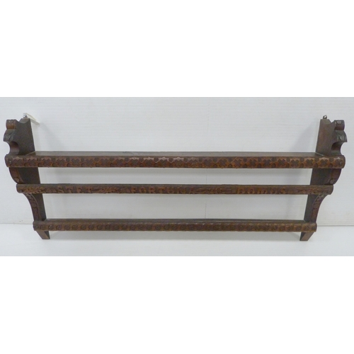 542 - Scottish carved oak Delft rack with two open shelves, carved to the back stretchers and supports wit... 