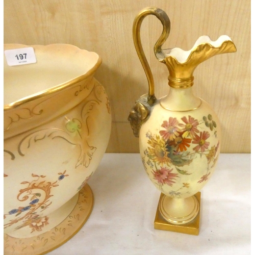 197 - Antique Royal Worcester ewer (a/f) and a Crown Ducal rose bowl.