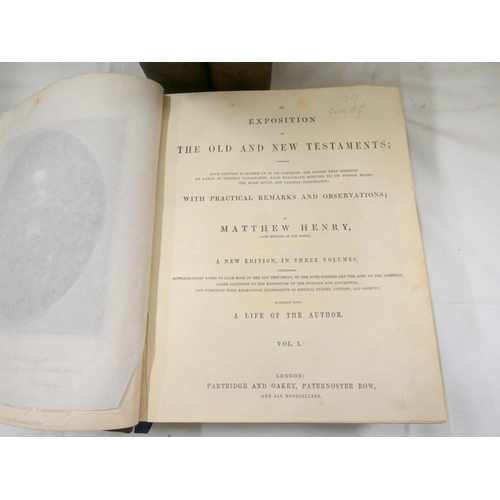 246 - Old and new testaments in three leather bound volumes by Matthew Henry circ.1847.