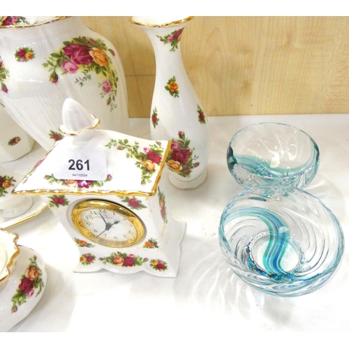 261 - Collection of Royal Albert Country Rose to include cruet set, clock, preserve pots, two glass bowls ... 