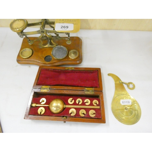 269 - Set of brass postal scales and antique hydrometer from The Carlisle Brewery Company.