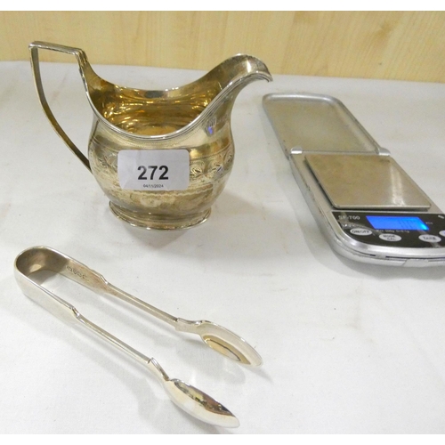 272 - Silver cream jug and a set of silver tongs (164g.)