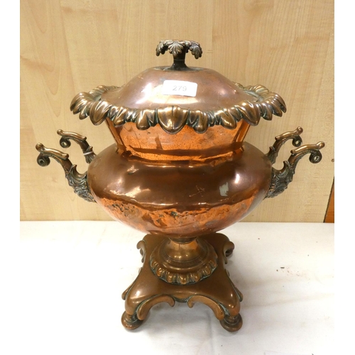 279 - Large antique copper salva. 42cm high.