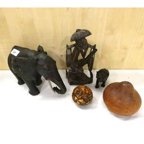 287 - Various treen to include carved elephant, Chinese figure etc.