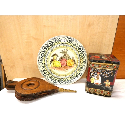 313 - Large continental wall plate, set of bellows, large tea tin etc.