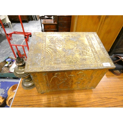 323 - Large brass log box and brass lamp.