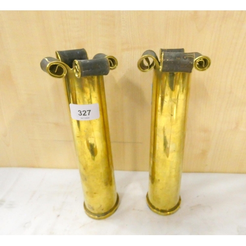 327 - Pair of antique trench art brass vases.