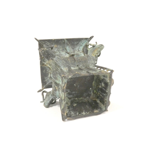 232 - Chinese bronze ritual wine vessel of square form, with rams heads to each corner. Height 20cm 