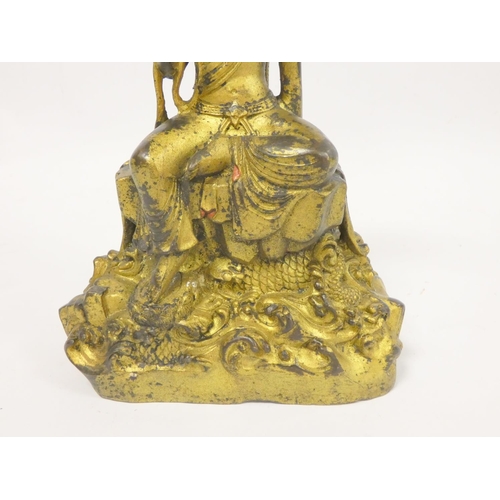 233 - Tibetan gilt bronze Guanyin Naga figure with five cobra aureole, bearing six character inscription m... 