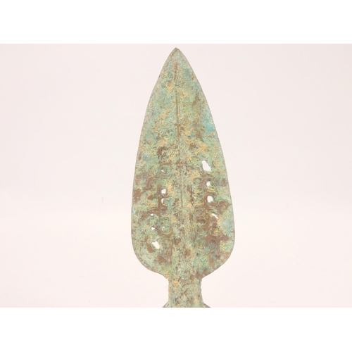 235 - Antique bronze Chinese spearhead, possibly Han Dynasty, having pierced decoration and rich verdigris... 