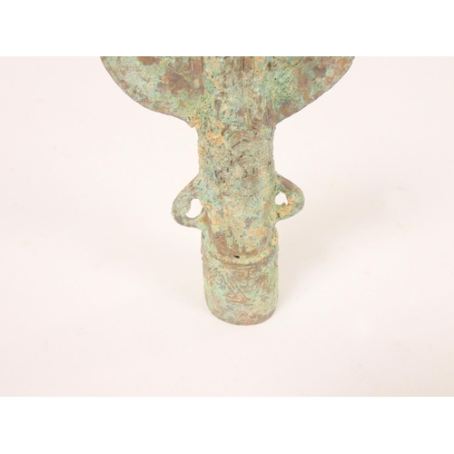 235 - Antique bronze Chinese spearhead, possibly Han Dynasty, having pierced decoration and rich verdigris... 