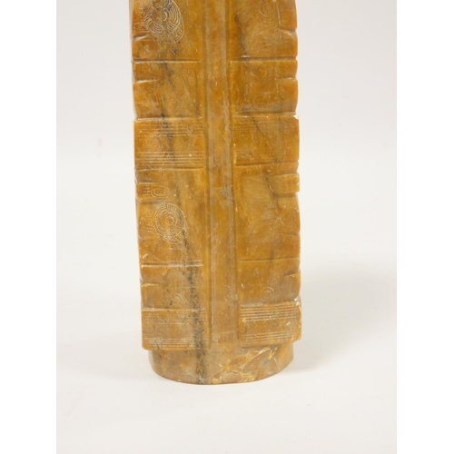 251 - Chinese soapstone Cong of rectangular form with incised decoration in the Neolithic style. Height 22... 