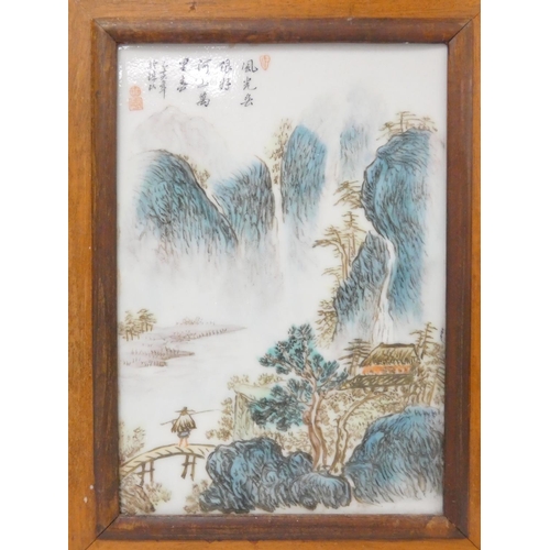 253 - Chinese porcelain panel depicting a river landscape, signed with character marks to top left. 24cm x... 