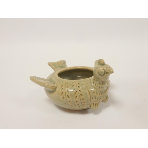 254 - Chinese grey glazed pottery bowl with chicken head and wings, also a Yaozhou type handled jar. ... 