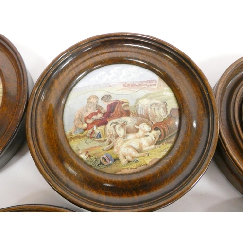 195 - Group of framed Victorian pot lids with printed scenes, to include a view of Sandringham House, The ... 