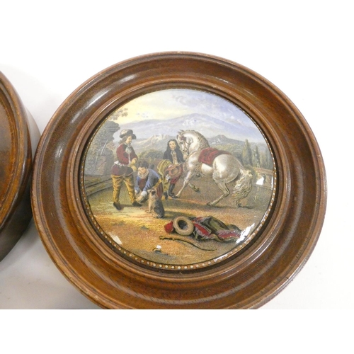 195 - Group of framed Victorian pot lids with printed scenes, to include a view of Sandringham House, The ... 