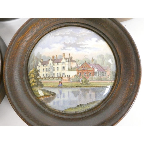 195 - Group of framed Victorian pot lids with printed scenes, to include a view of Sandringham House, The ... 