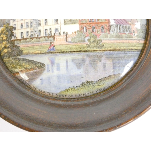 195 - Group of framed Victorian pot lids with printed scenes, to include a view of Sandringham House, The ... 