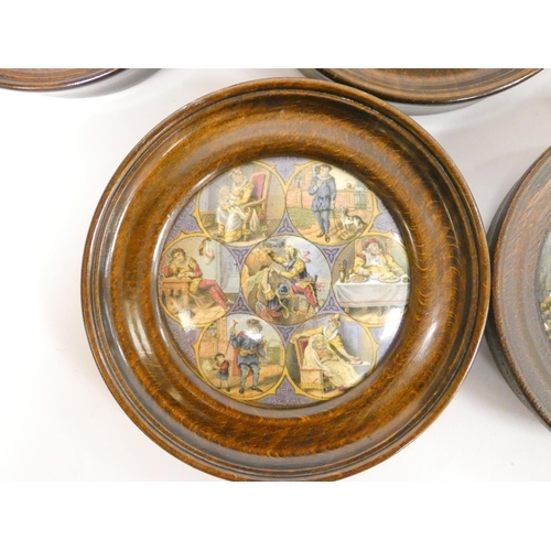 195 - Group of framed Victorian pot lids with printed scenes, to include a view of Sandringham House, The ... 