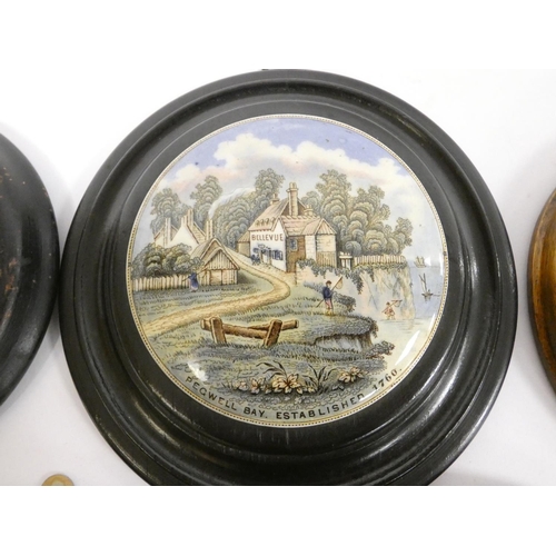 196 - Group of framed Victorian pot lids with printed scenes, to include an example with Garibaldi holding... 