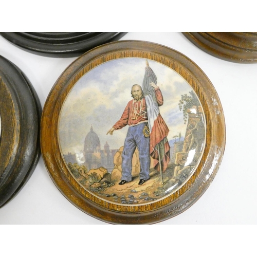 196 - Group of framed Victorian pot lids with printed scenes, to include an example with Garibaldi holding... 