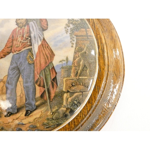 196 - Group of framed Victorian pot lids with printed scenes, to include an example with Garibaldi holding... 